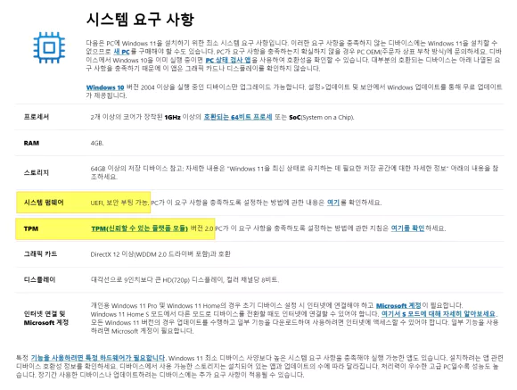 윈도우11 최소 사양 시스템 요구 사항