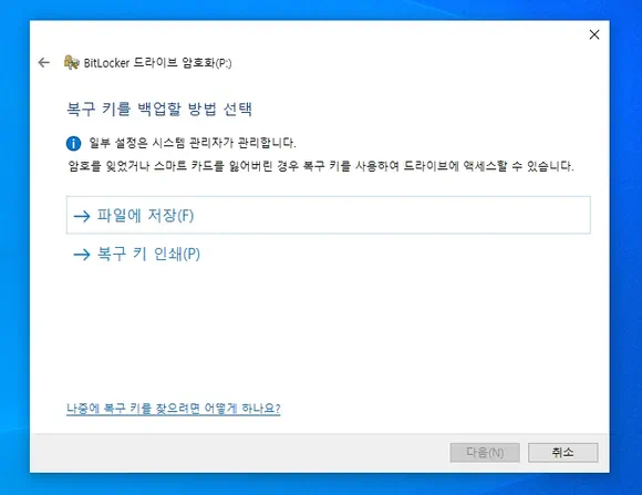 복구 키를 백업할 방법 선택에서 파일에 저장 클릭
