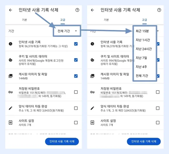 인터넷 사용 기록 삭제 화면에서 전체 기간 버튼 누른 후 기간 선택