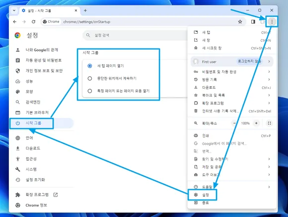 크롬 설정의 시작 그룹 옵션